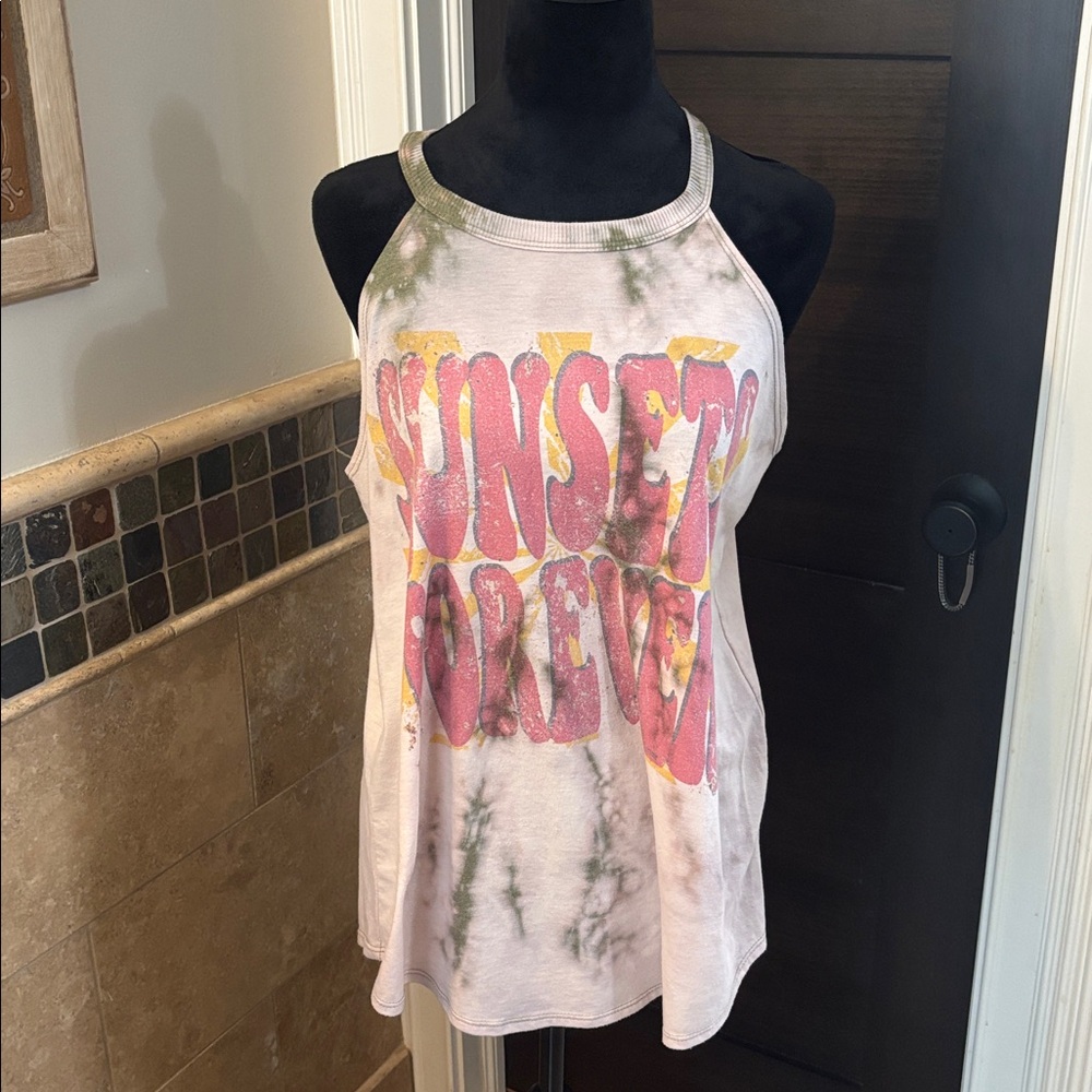 Rotten Arrows Cream and Pink Graphic Sleeveless Tank Top. Boutique find!